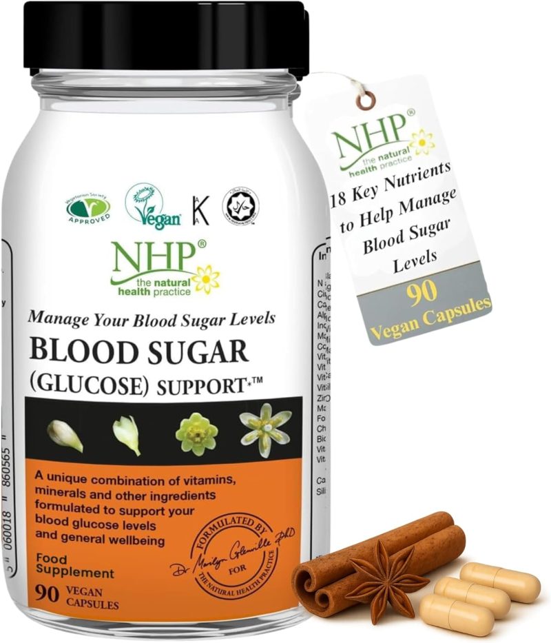 Natural Health Practice Blood Sugar Advanced Support – 90 Vegan Capsules, Glucose Metabolism Supplement with NAC, Carnitine, Cinnamon, Chromium & Antioxidants to Support Energy and Sugar Levels